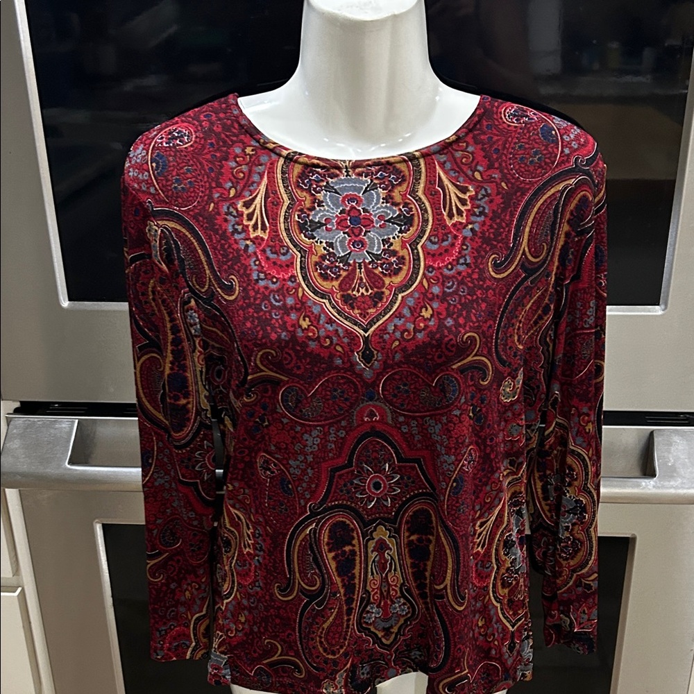 Susan Lawrence Red Paisley Long Sleeve Top